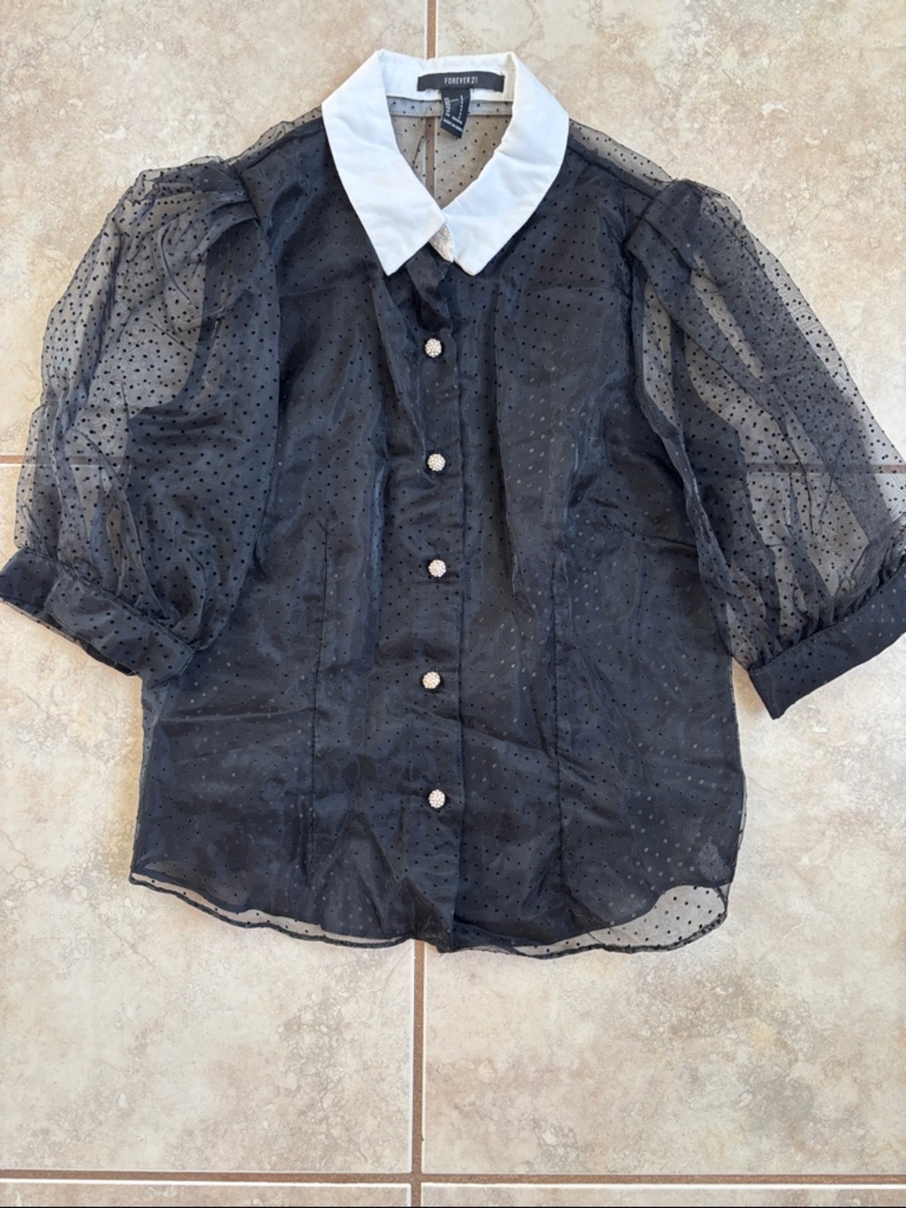 Forever 21 Black Sheer Dot Blouse with White Collar